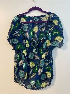 Old Navy floral ruffled short sleeve peasant blouse blue green leaves size Large